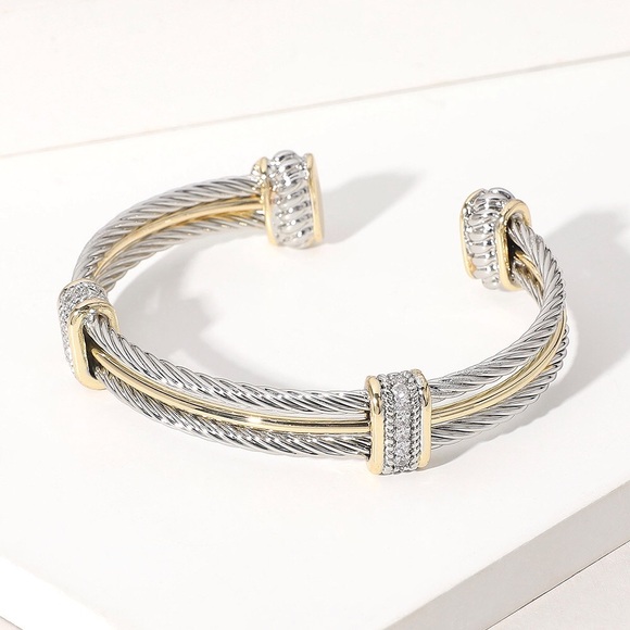 1️⃣5️⃣Two Tone Metal Rope Cable Cuff Bracelet With Pave Crystals - Picture 3 of 5